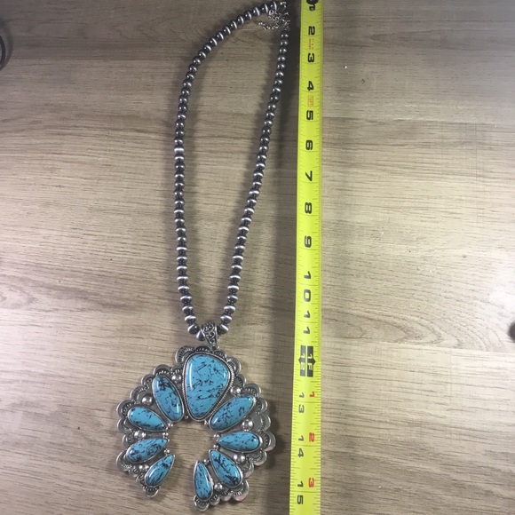 Turquoise and Silver Beaded Necklace With Large Squash Blossom Pendant - Picture 6 of 7